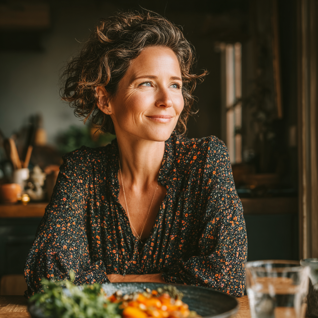 Confident woman in her mid-40s sitting at a dining table with a beautifully arranged healthy meal, looking satisfied and energetic in natural lighting
