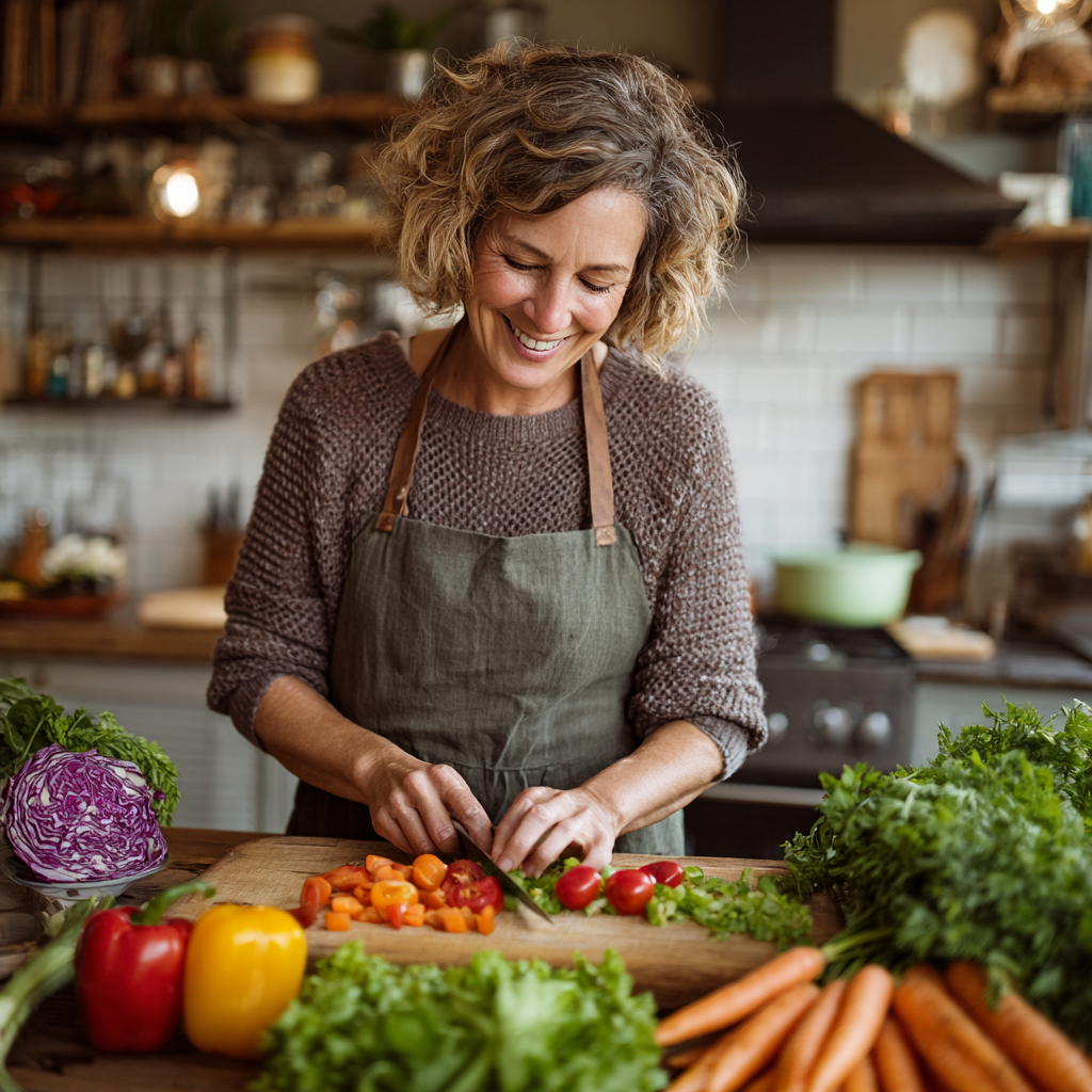 Mature woman in her 40s preparing a healthy colorful salad in a modern kitchen, smiling while arranging fresh vegetables and leafy greens on a wooden cutting board