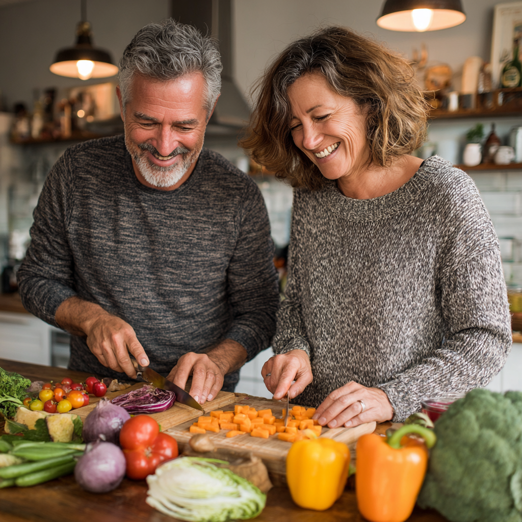 Middle-aged couple in their early 50s cooking together in a bright kitchen, looking happy and engaged while preparing fresh ingredients for a healthy meal